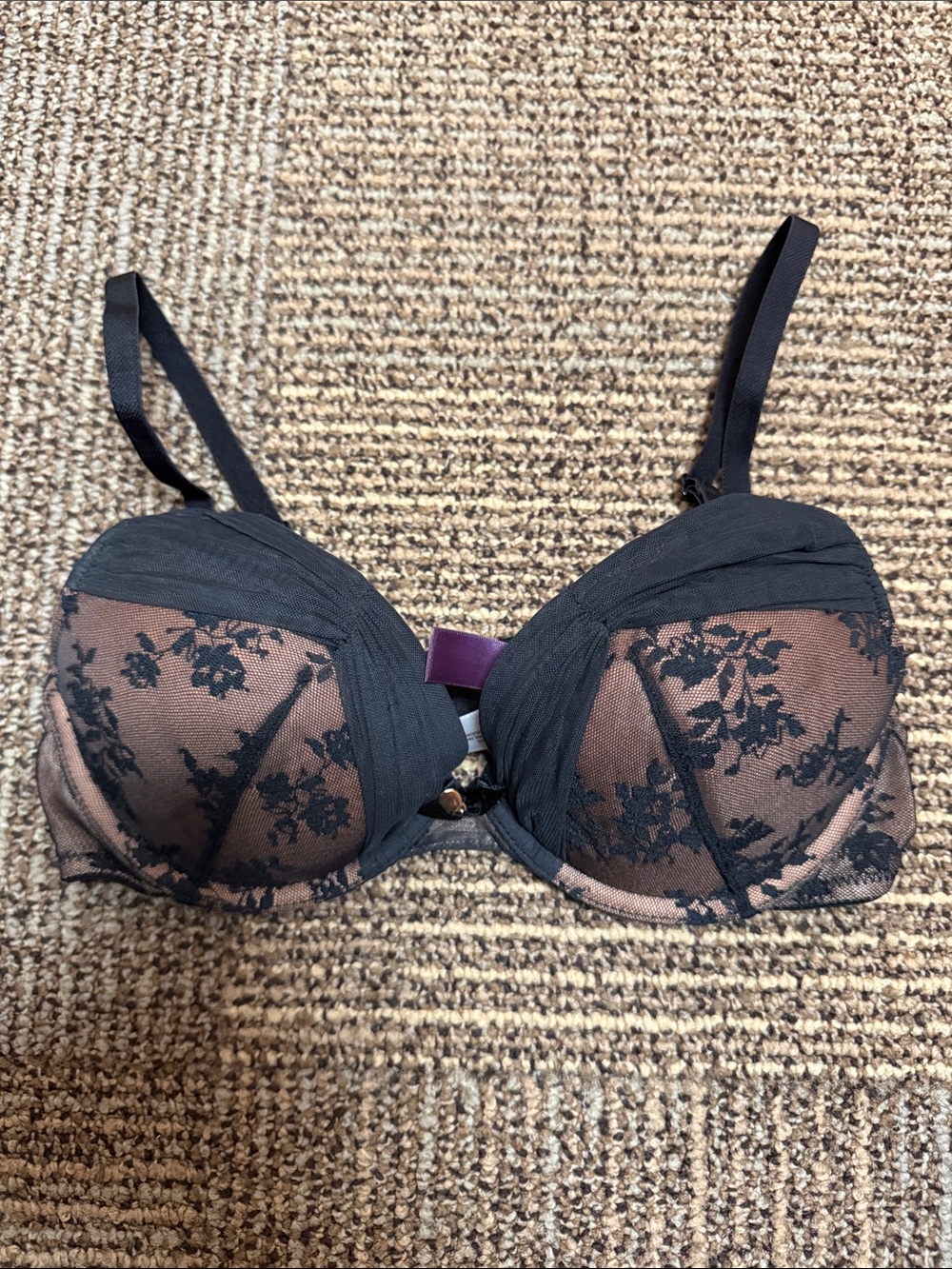Adore Me Black Lace Overlay Push-Up Bra with Nude Lining